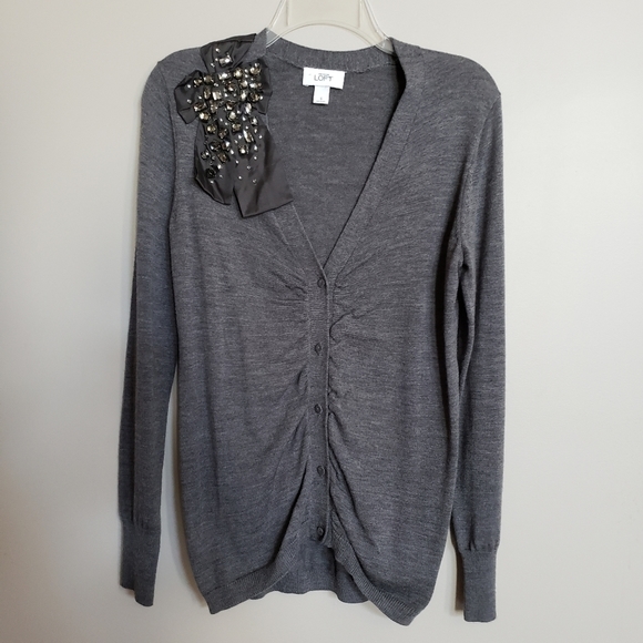 LOFT Sweaters - Loft gray merino jeweled bow sweater cardigan